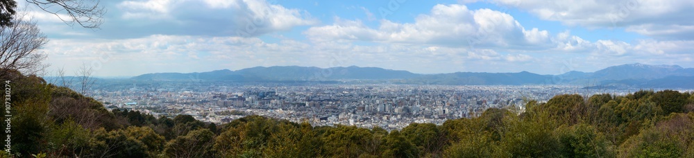 Super wide panorama of Kyoto city in Japan and the surrounding landscape and mountains