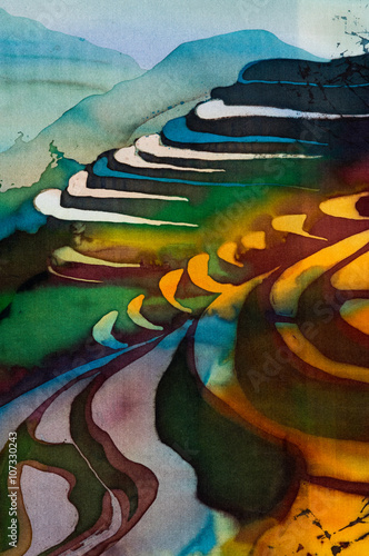 Rice terraces  fragment  hot batik  handmade abstract surrealism art