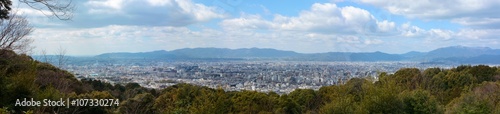 Super wide panorama of Kyoto city in Japan and the surrounding landscape and mountains