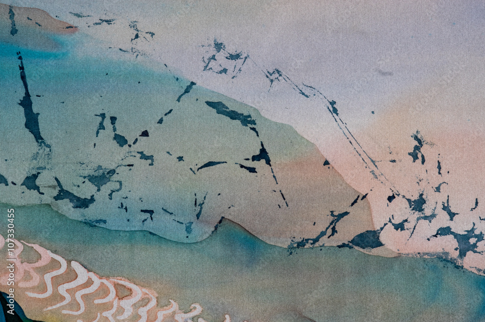 Landscape with mountains, fragment, hot batik, handmade abstract surrealism art