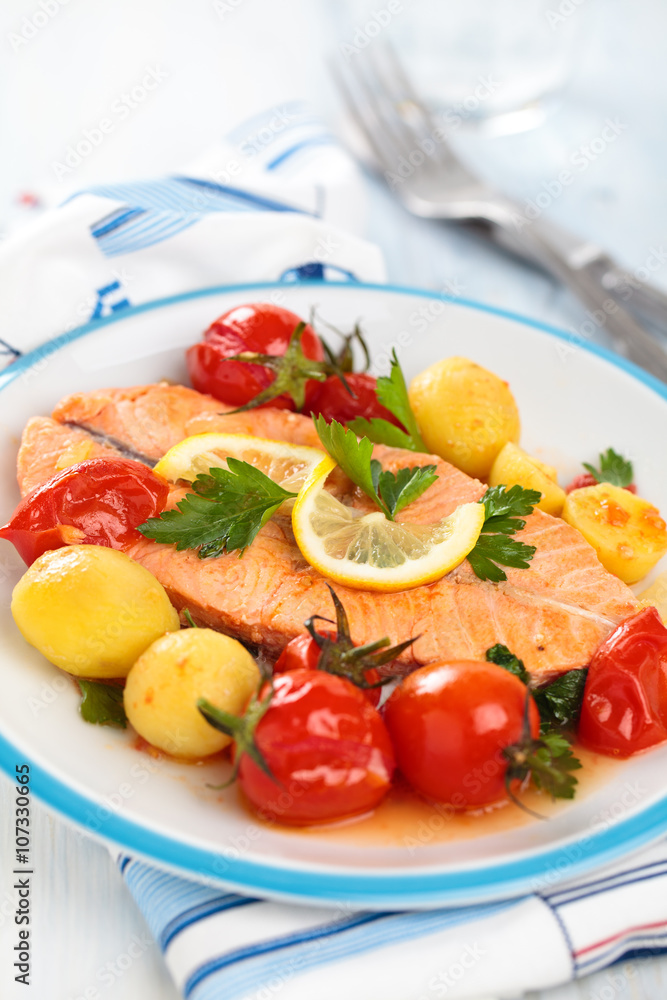 Fried Salmon with vegetables. Fried Salmon with vegetables.