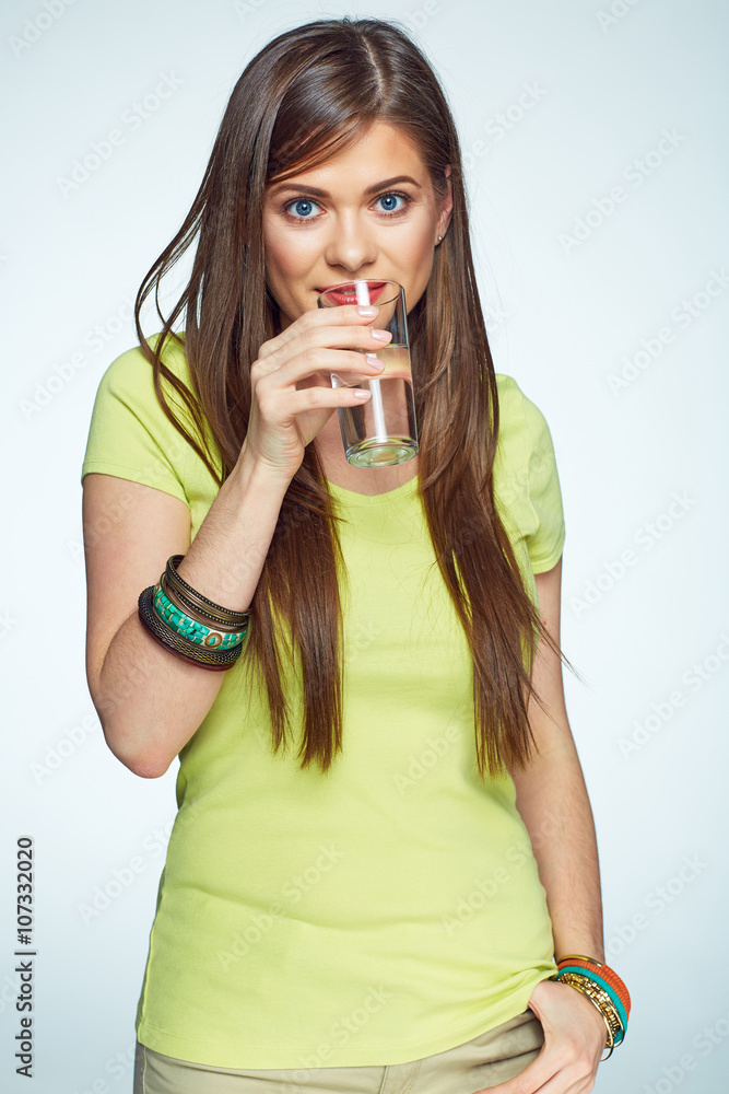 Smiling woman holding water glass isolated portrait. Smiling woman holding water glass isolated portrait.