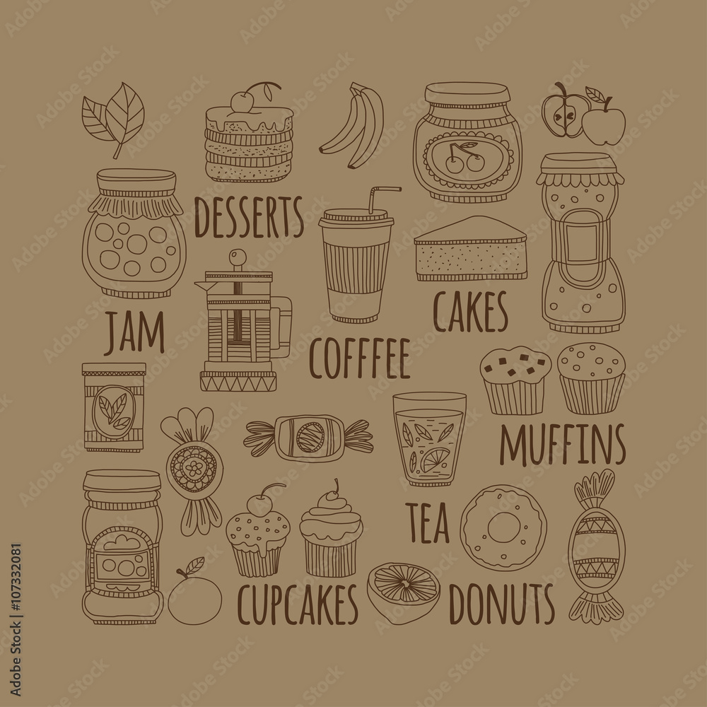 Set of coffee, tea, and food icons Doodle style Set of coffee, tea, and food icons Doodle style