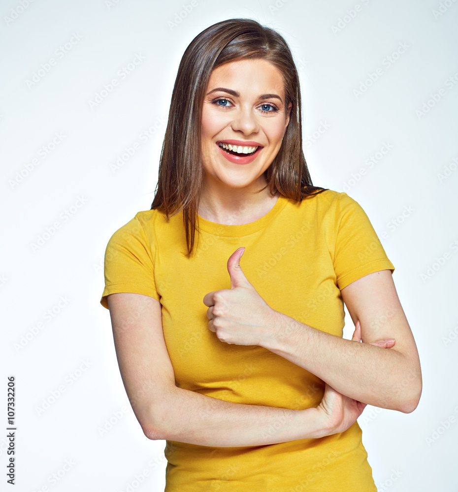 Smiling woman casual dressed show thumb up. Smiling woman casual dressed show thumb up.