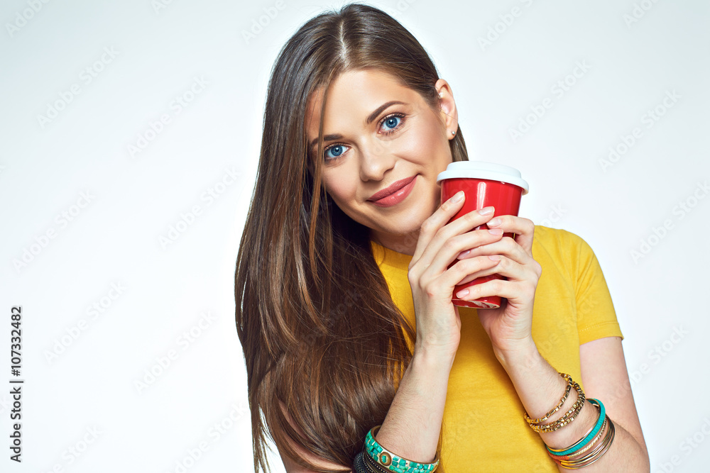 Close up face portrait smiling girl holding coffee cup. Close up face portrait smiling girl holding coffee cup.