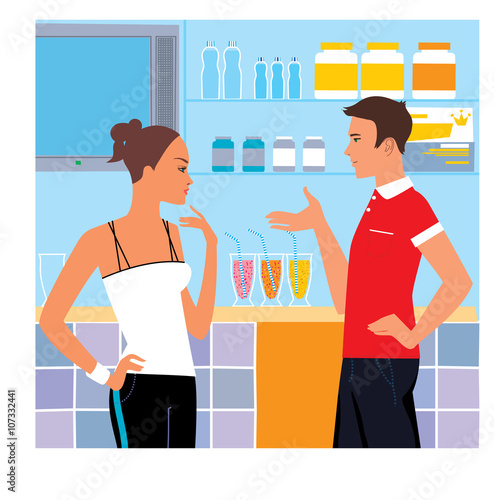 Woman and fitness coach talking about fitness food. Sport meal. Flat vector illustration