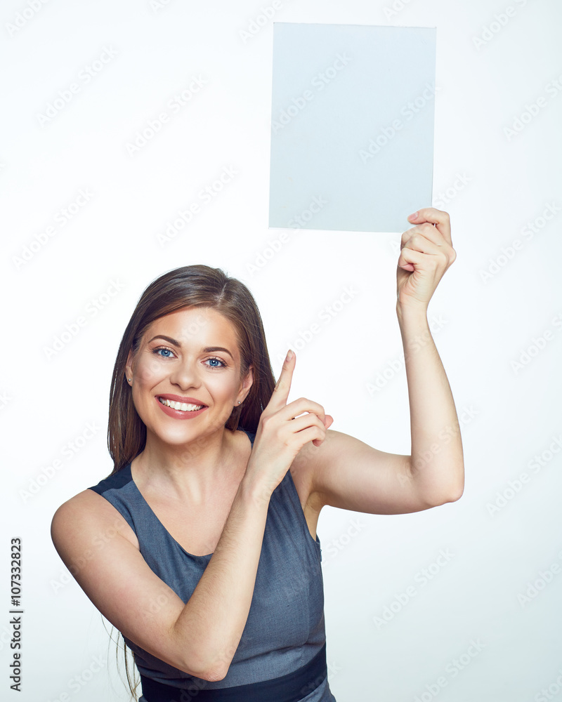 Smiling business woman hold white sign board. Smiling business woman hold white sign board.