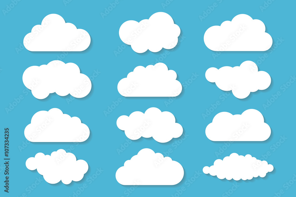 Fototapeta Prosta kolekcja chmur z cieniem. Zbiór różnych chmur. Zestaw ikon i logo w chmurze. Szablon projektu