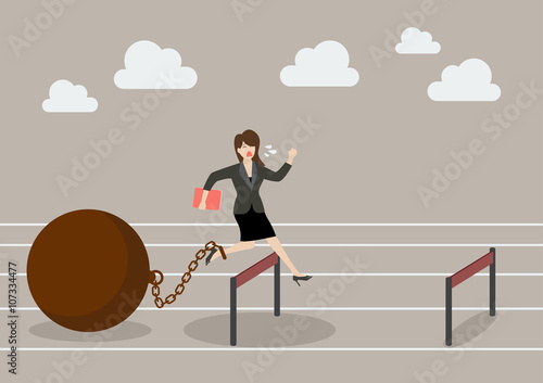 Business woman jumping over hurdle with the weight