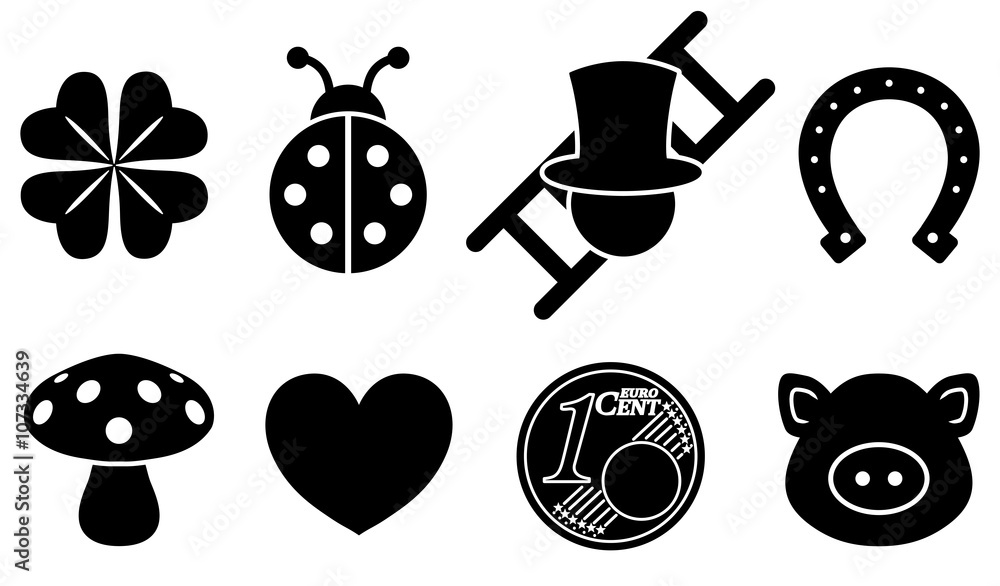Acht Glücksbringer Symbole: Kleeblatt, Marienkäfer, Schornsteinfeger
