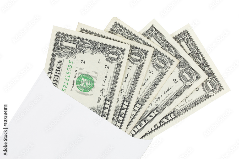 dollars in envelope isolated on white background dollars in envelope isolated on white background