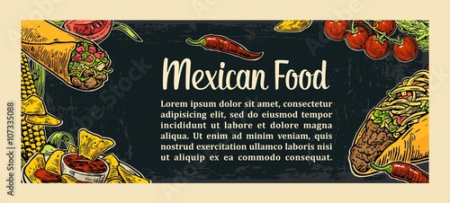 Mexican traditional food restaurant menu template with traditional spicy dish. burrito, tacos, tomato, nachos, tequila, lime. Vector vintage engraved illustration on dark background.  For poster, web.