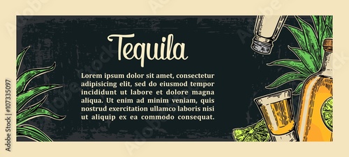 Mexican traditional food restaurant menu template with traditional spicy dish. burrito, tacos, tomato, nachos, tequila, lime. Vector vintage engraved illustration on dark background.  For poster, web.