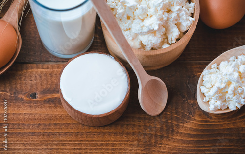 Natural homemade products: milk, cheese, sour cream and eggs on old wooden background with free space for your text