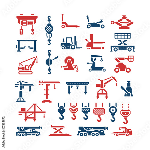 Set icons of lifting equipments, cranes, winches