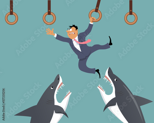 Businessman moving forward, using a row of gymnastic rings, sharks trying to catch him, EPS 8 vector illustration, no transparencies