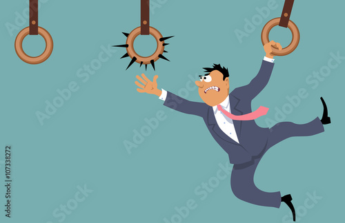 Businessman attempting to move forward using gym rings and facing a dangerous and unpleasant choice, EPS 8 vector illustration 