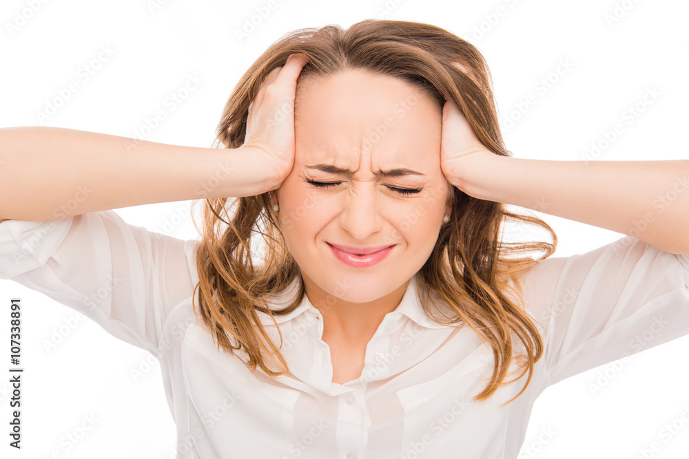 Portrait of sad woman with strong pain touching her head Portrait of sad woman with strong pain touching her head