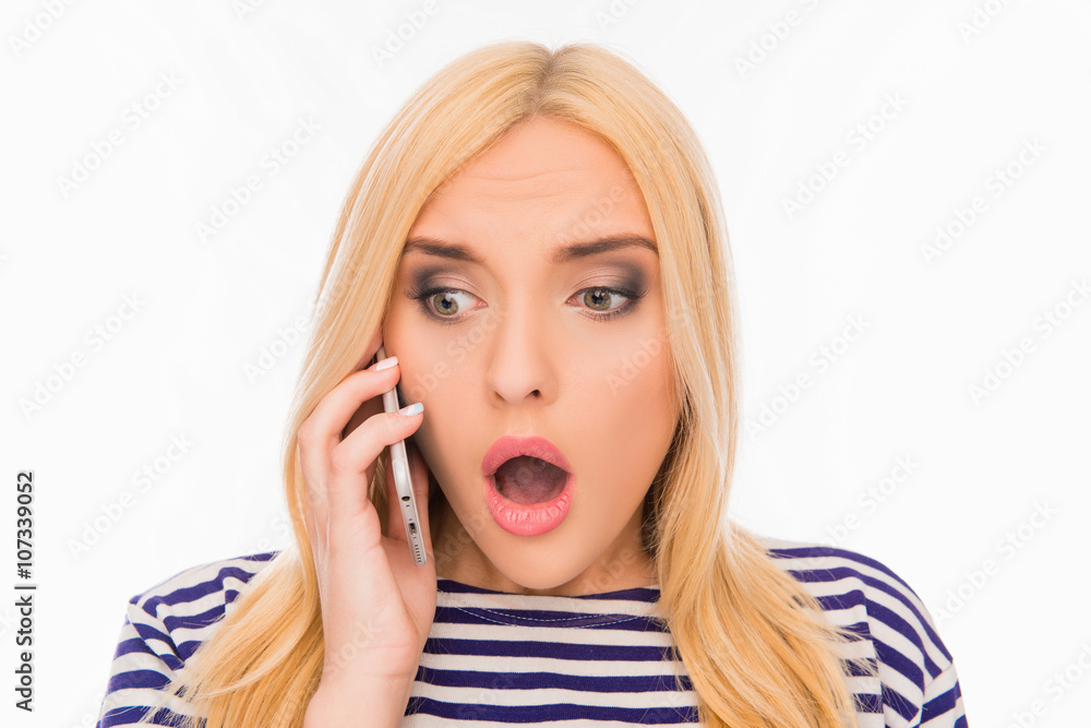 Surprised woman with open mouth talking on the phone Surprised woman with open mouth talking on the phone