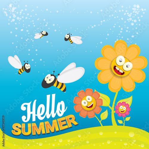 Fototapeta Naklejka Na Ścianę i Meble -  vector cartoon summer landscape with Honey bees 