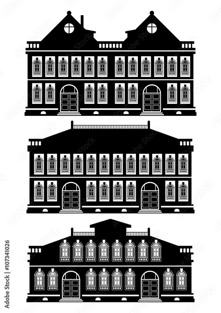 Silhouettes of old townhouses on a white background. Flat vector