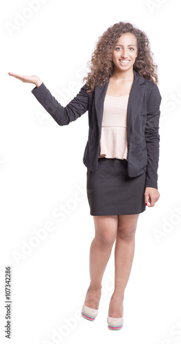 Young Curly Haired Businesswoman - Gladly presenting