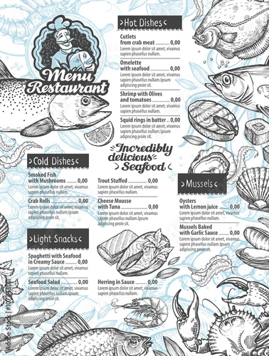 menu seafood. vector template brochure or flyer restaurant and cafe with hand drawn sketch graphic food