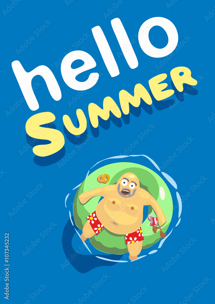Vector illustration. Summer hello. fat man on mattress swim
