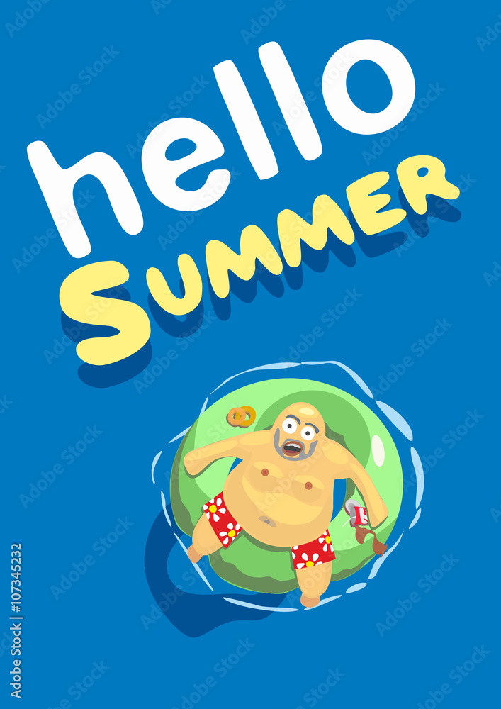 Vector illustration. Summer hello. fat man on mattress swim Vector illustration. Summer hello. fat man on mattress swim