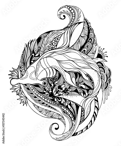 Hammerhead Shark - tattoo design. Hammerhead Shark - Adult coloring page. Shark Isolated on white background. Vector illustration.