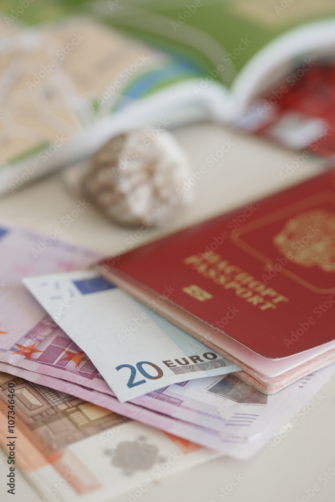 Obraz premium Российский заграничный паспорт и купюры евро