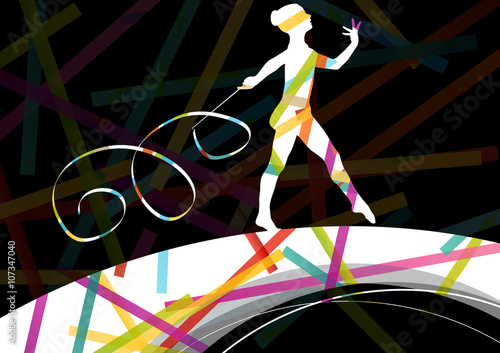 Dancing carnival woman with ribbon silhouette in abstract circus