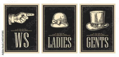 Toilet retro vintage grunge poster. Ladies, Cents, Pointing finger.  Vector vintage engraved illustration on a black background.  For bars, restaurants, cafes, pubs
