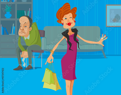 Upset man with receipt in the hands and his shopaholic wife with shopping bags