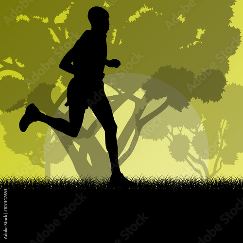 Fitness young man runner running in forest landscape vector illu