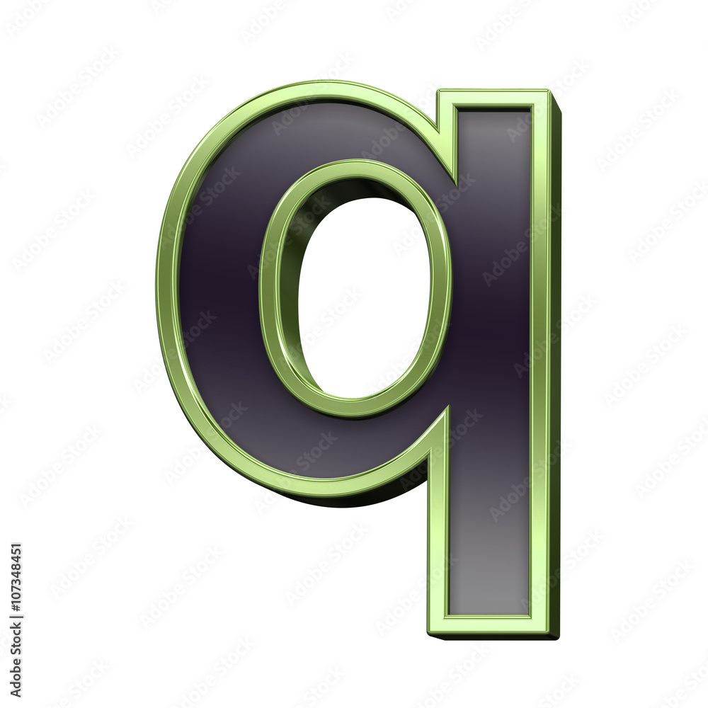 One lower case letter from black with green shiny frame alphabet set, isolated on white. 3D illustration. One lower case letter from black with green shiny frame alphabet set, isolated on white. 3D illustration.