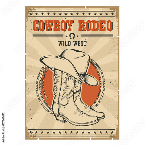 Cowboy rodeo poster.Western vintage illustration with text