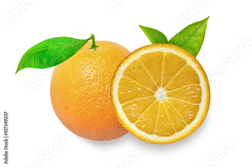 Orange fruit with leaves isolated on white background