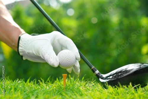 Golfer's hand holding golf ball with driver on green grass with golf course background 