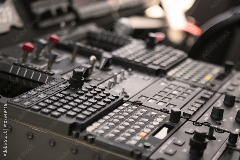 The pilots' control panel inside a passenger airplane, Control panel of ...