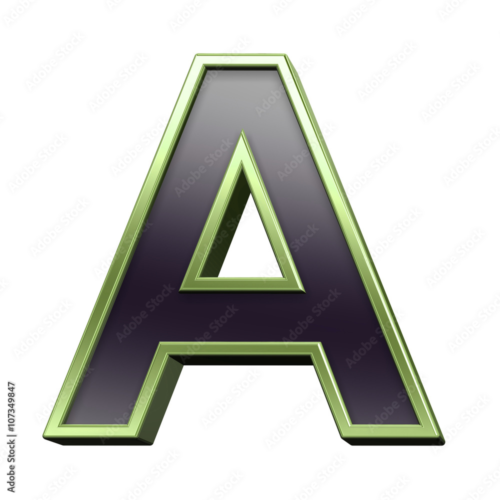 One letter from black with green shiny frame alphabet set, isolated on white. 3D illustration. One letter from black with green shiny frame alphabet set, isolated on white. 3D illustration.