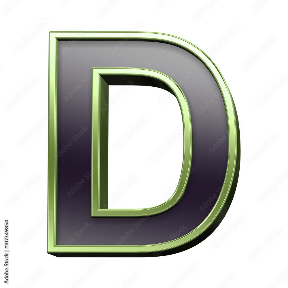 One letter from black with green shiny frame alphabet set, isolated on white. 3D illustration. One letter from black with green shiny frame alphabet set, isolated on white. 3D illustration.