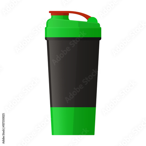 Vector illustration. Sports shaker for protein powder and gainer isolated on a white background. Healthy nutrition and fitness