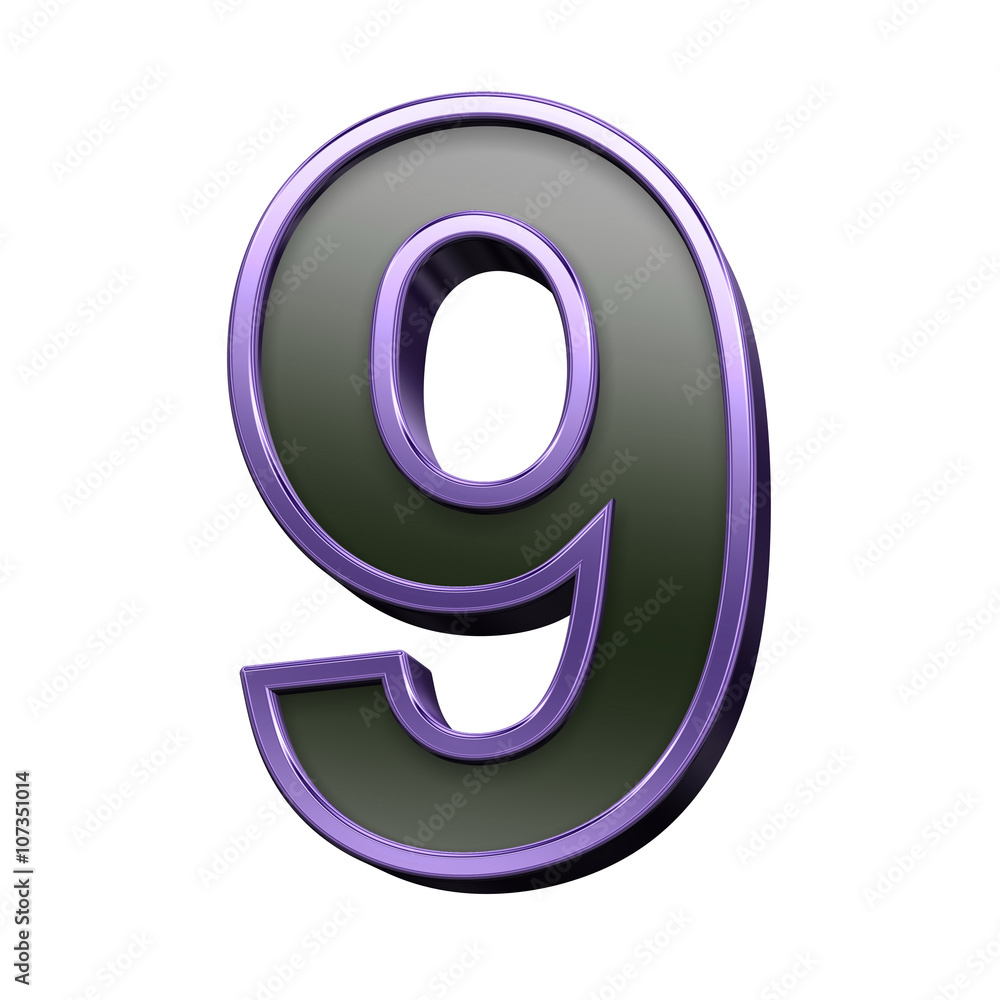 One digit from black with violet shiny frame alphabet set, isolated on white. 3D illustration. One digit from black with violet shiny frame alphabet set, isolated on white. 3D illustration.
