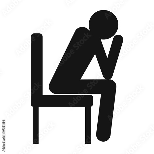 Sad man sitting on chair icon, black simple style