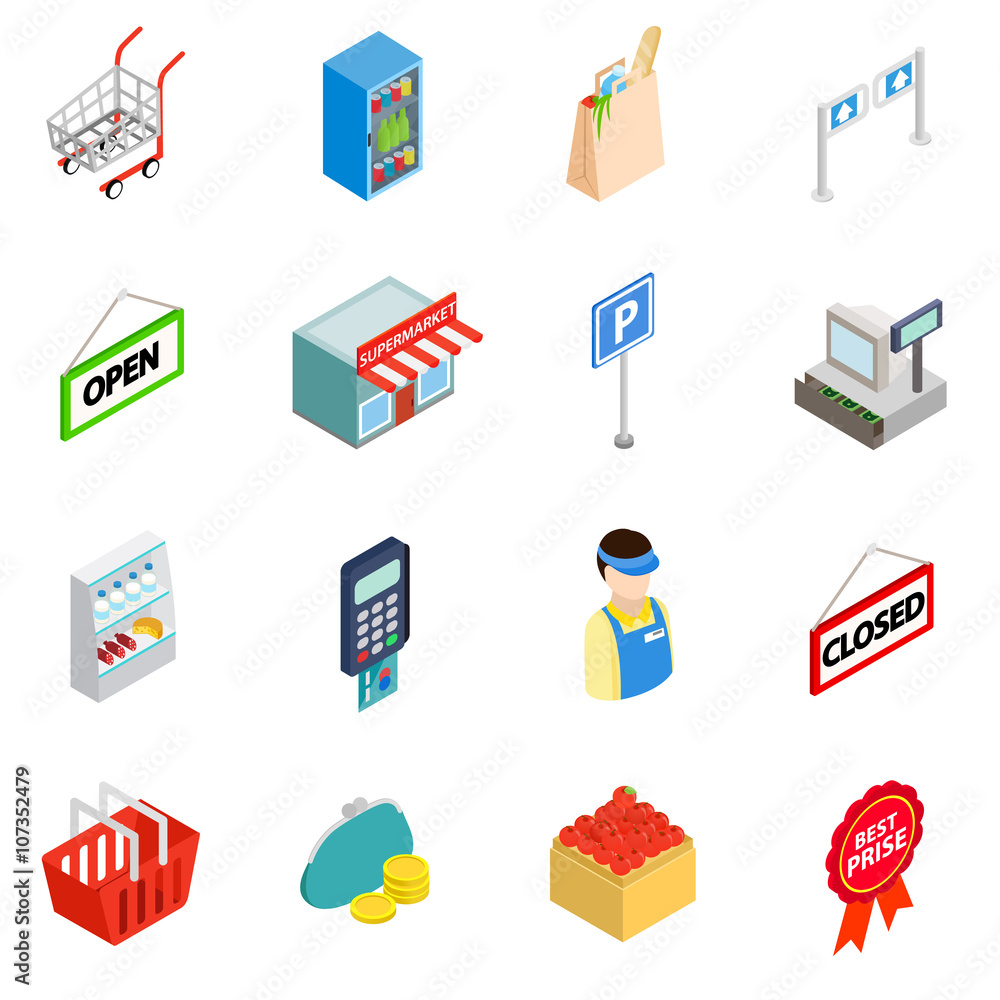 Supermarket icons set, isometric 3d style