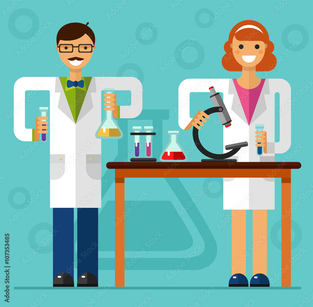 Vector flat style illustration of scientist smiling girl and boy in laboratory are holding flasks and making research. Chemistry laboratory research concept. Vector flat style illustration of scientist smiling girl and boy in laboratory are holding flasks and making research. Chemistry laboratory research concept.