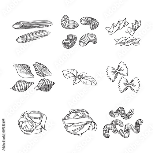 Different sorts of traditional pasta made in sketch style. Great design element for italian restaurants and pasta restaurants. 
