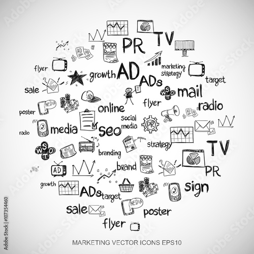 Marketing Black doodles Hand Drawn Marketing Icons set on White. EPS10 vector illustration.