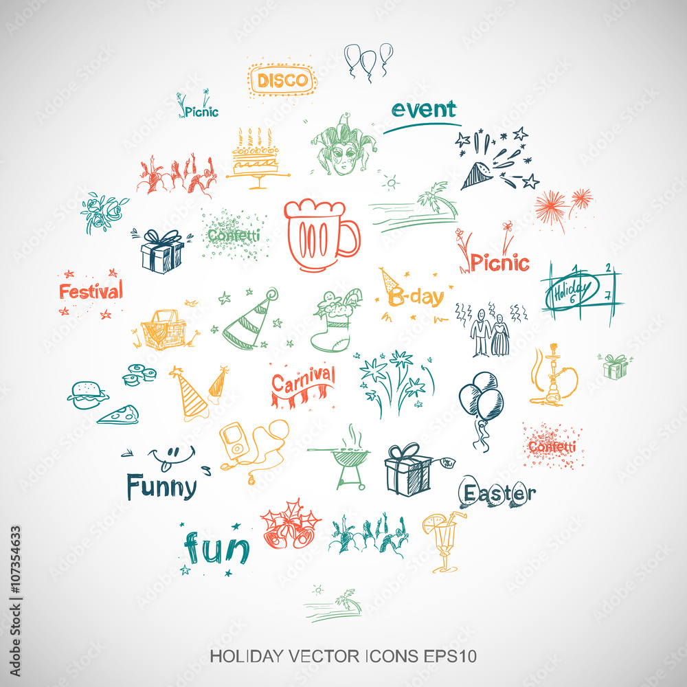 Entertainment, Multicolor doodles Hand Drawn Holiday Icons set on White. EPS10 vector illustration.